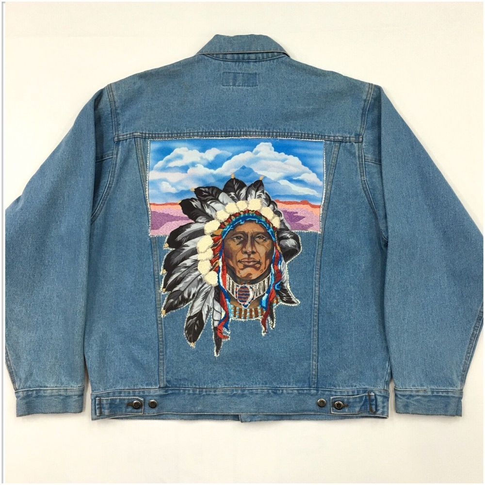 WRANGLER Denim Jacket Mens Size 2XL Blue Indian Chief Native Hip Hop
